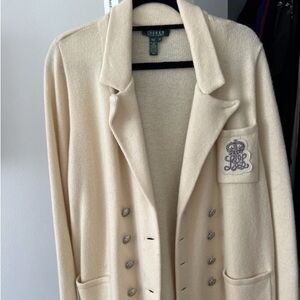 Cream Wool-Blend Blazer with Black Trim